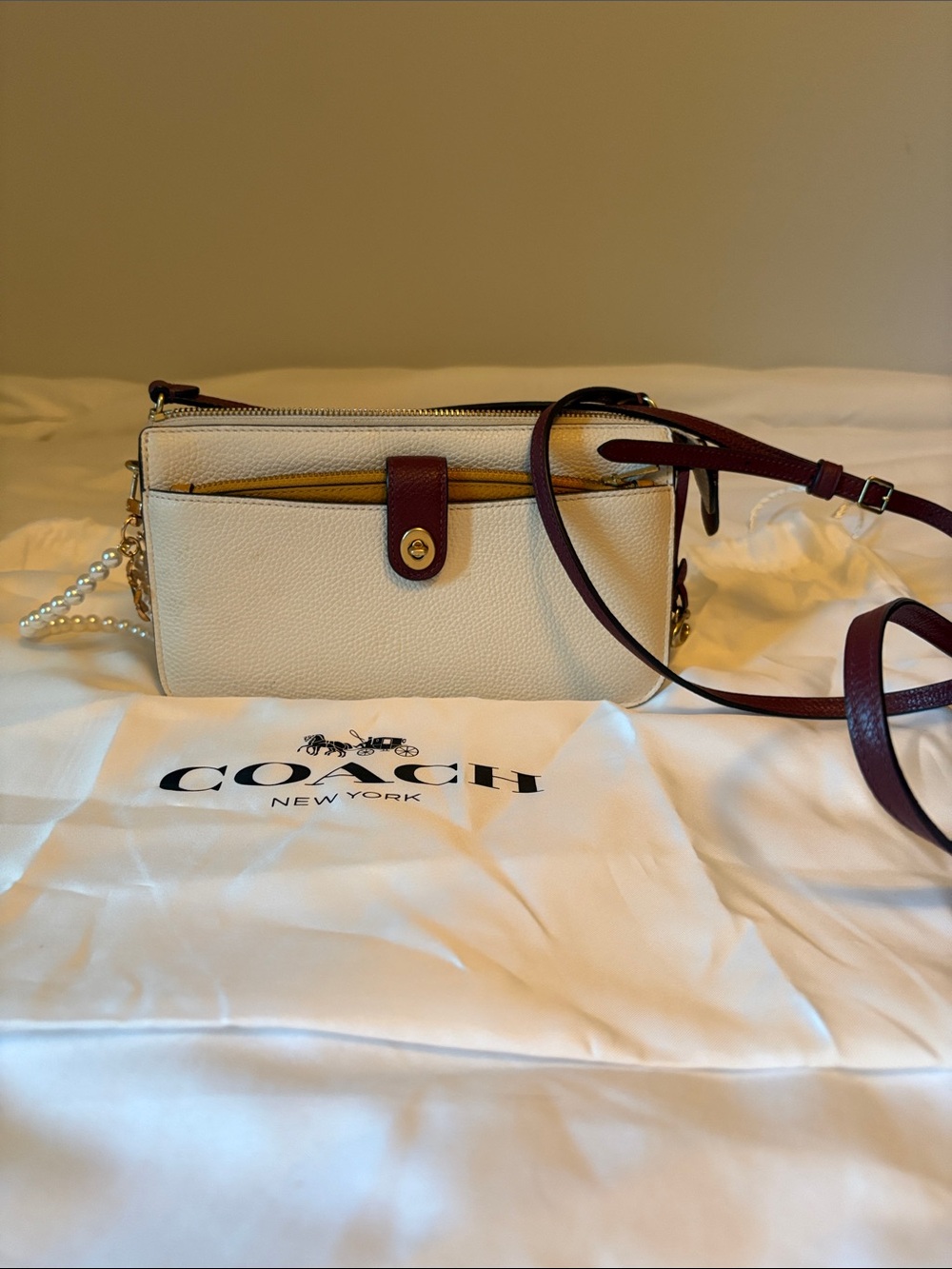 EUC Coach Chalk Crossbody with Oxblood Strap and Mustard Accent